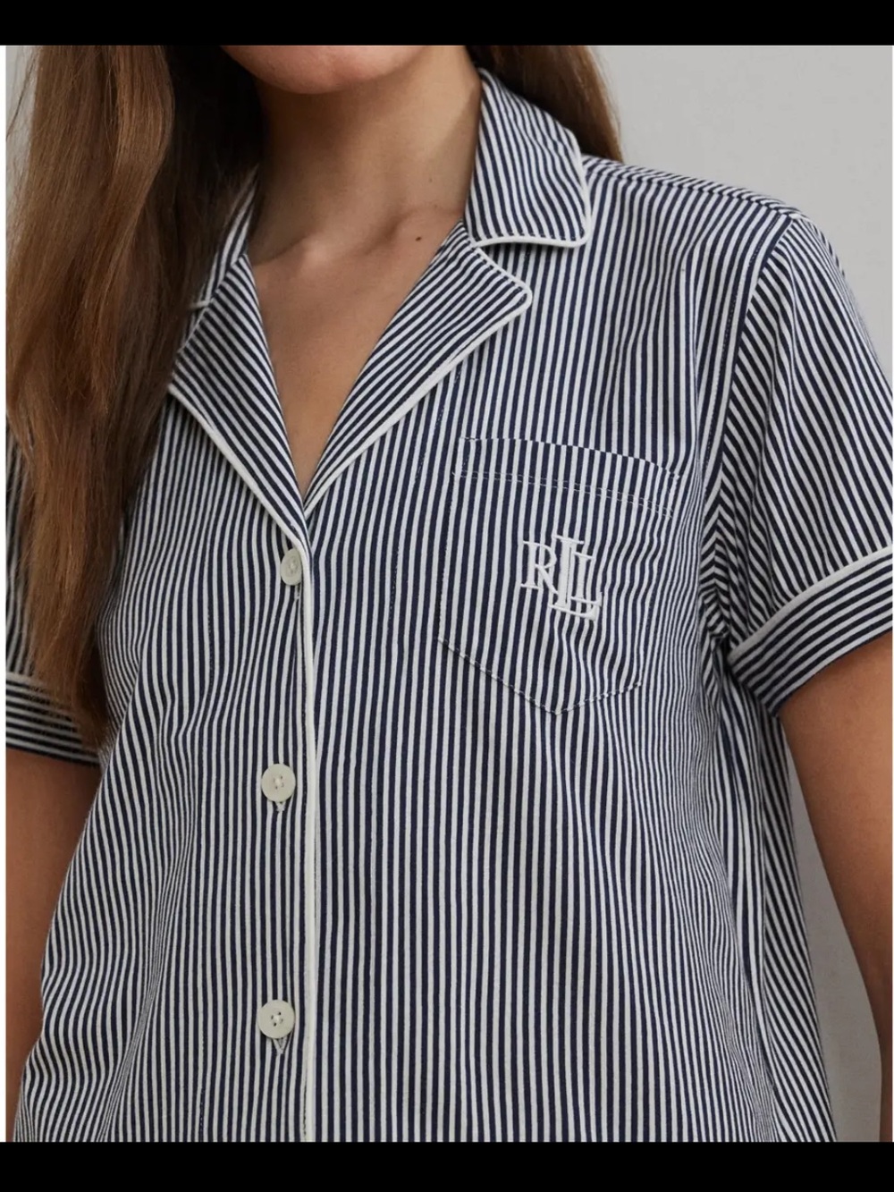 Lauren Ralph Lauren Navy & White Striped Short-Sleeve Pajama Top Size S Preppy
